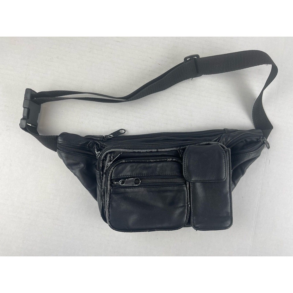 Fanny Pack Eastern VTG 80s 90s Soft Black Leather Waist Bag 3 outer zip pockets